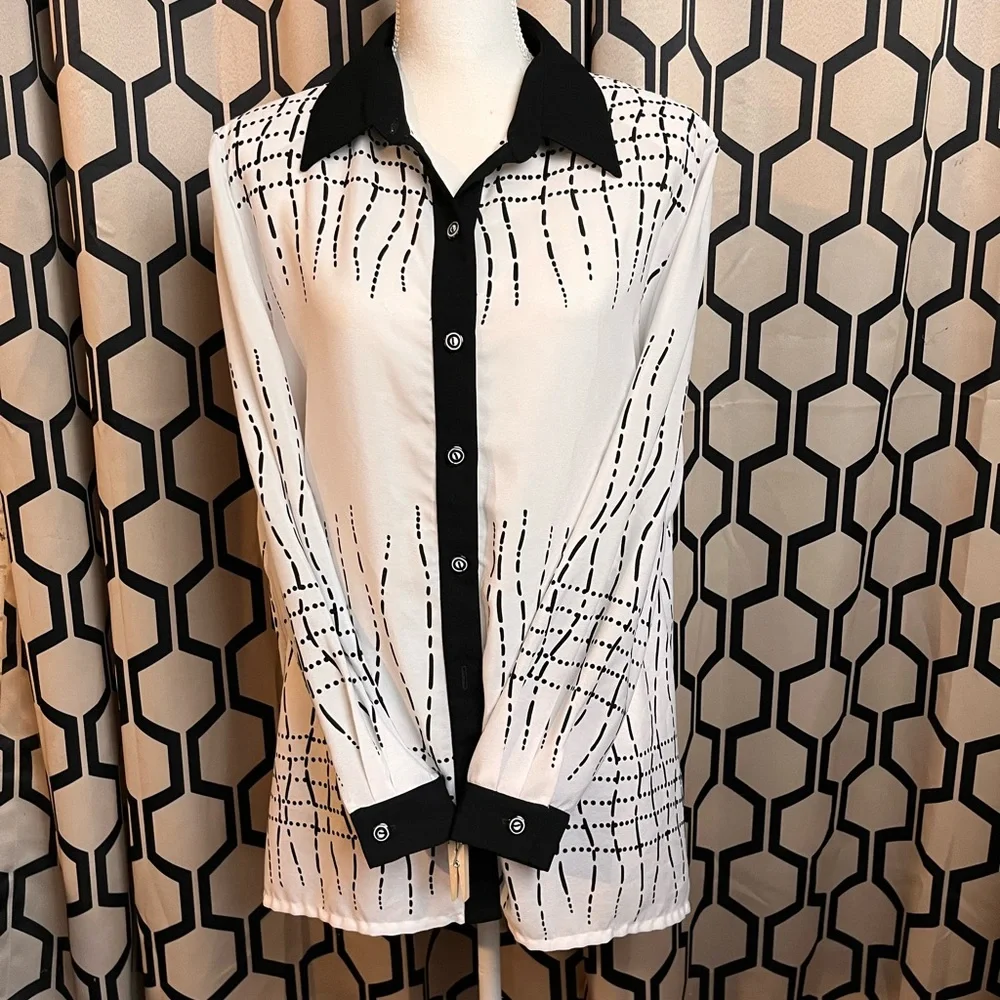Black and White Long Sleeve Graphic Button Down Shirt - Picture 1 of 11